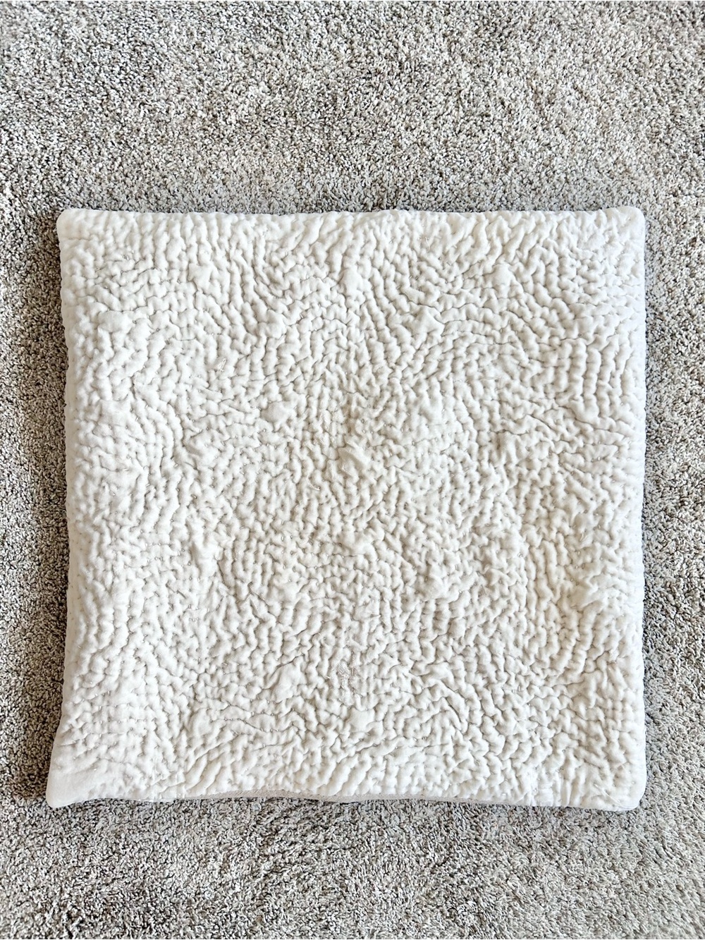 Pottery Barn Follette Quilted Velvet Pillow Cover 20” x 20” Cream Zipper Cotton